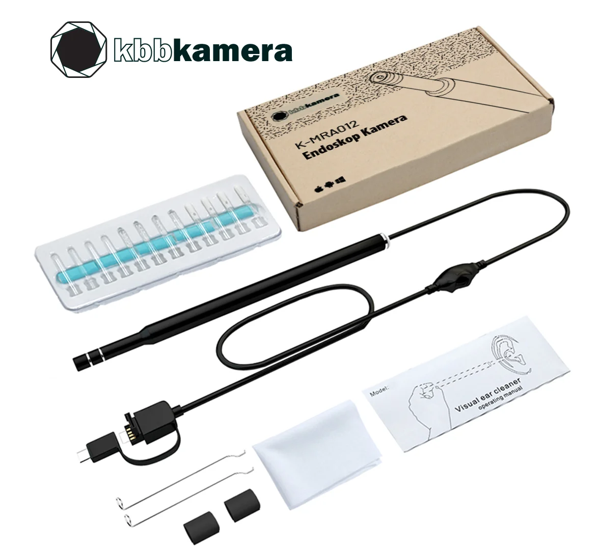 K-MRA012 endoskop kamera kutu içeriği: kamera, uçlar, USB adaptör, temizlik bezi ve kullanım kılavuzu