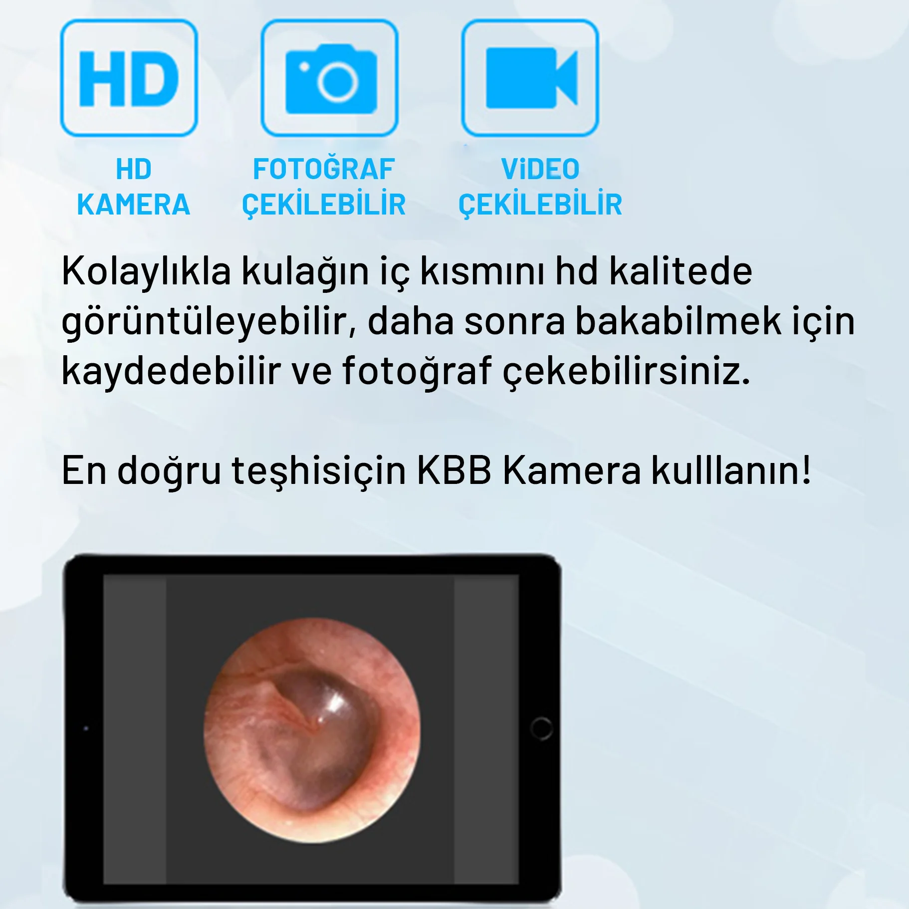 KBB Kamera doktorlara özel uygulama: HD kamera, fotoğraf ve video kaydı ile kulak içi görüntüleme